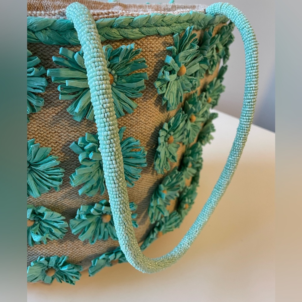 NWT Turquoise Rafita Floral Tote Bag with Beaded Handle Straps - Picture 8 of 8